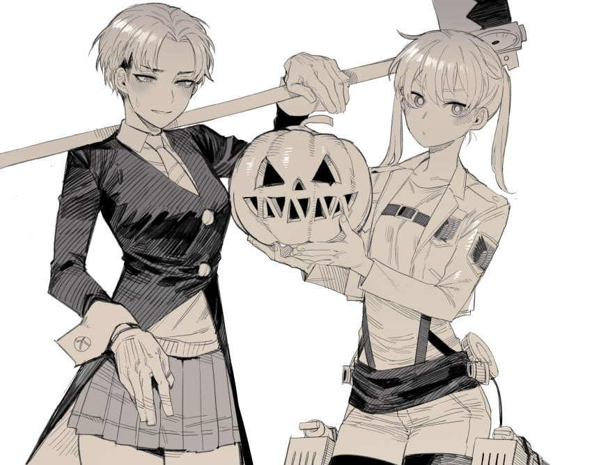 2girls, :o, bangs, blush, breasts, collarbone, collared_shirt, cosplay