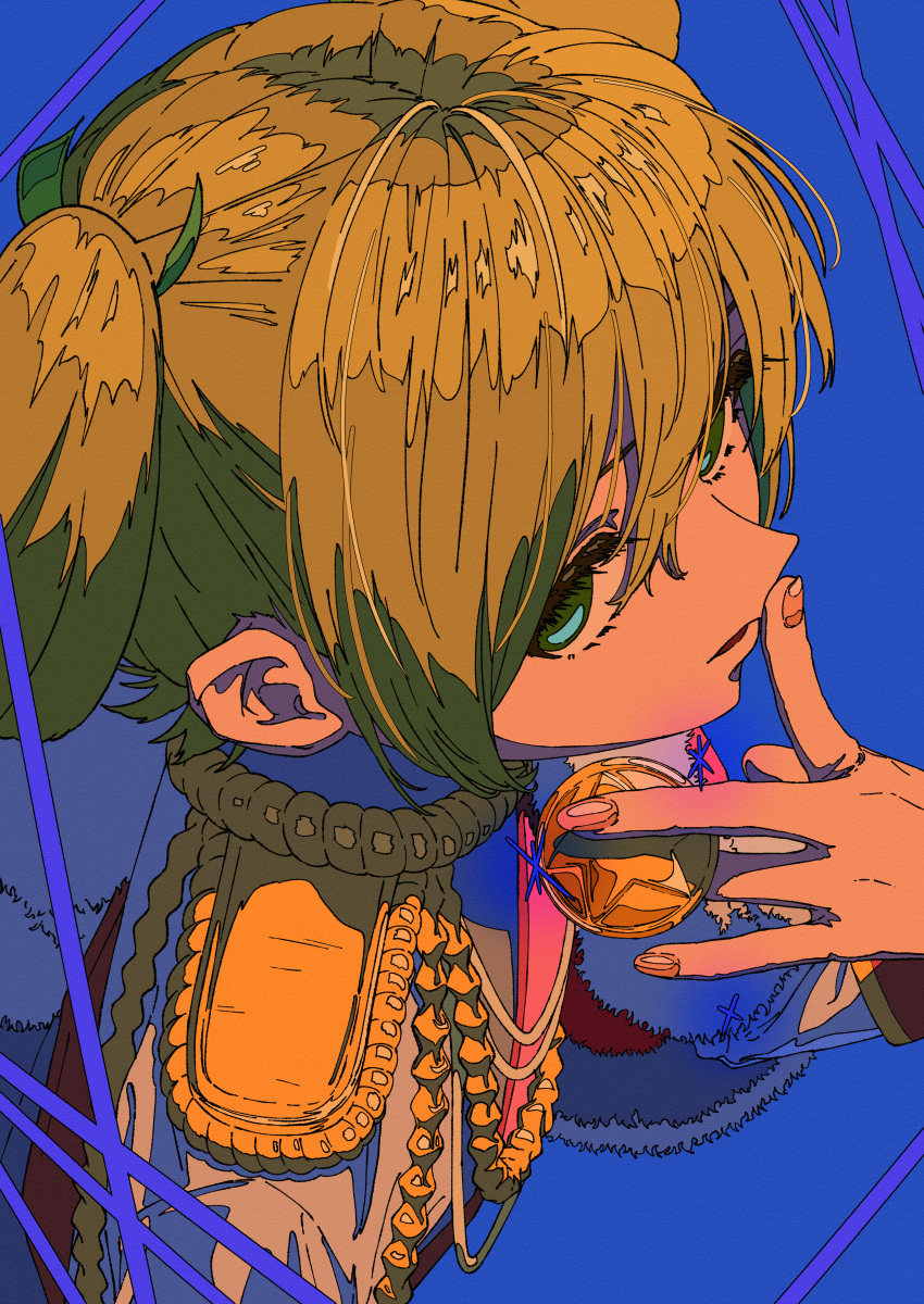 1girl, absurdres, aiguillette, aqua_eyes, arm_at_side, bangs, blonde_hair, blue_background