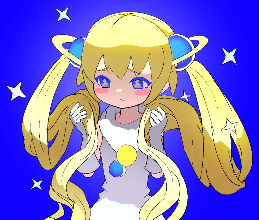 1girl, akuukan_koneru, bangs, blonde_hair, blue_background, blue_eyes, blush, blush_stickers, dress, frown, gloves, gravity_beyond, hyperspace, long_hair, looking_at_viewer, sad, simple_background, solo, sparkle, symbol-shaped_pupils, twintails, two_side_up, upper_body, very_long_hair, white_dress, white_gloves