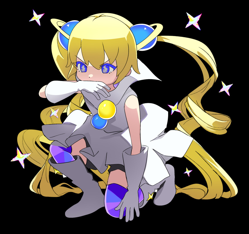 1girl, absurdres, akuukan_koneru, bangs, bare_shoulders, black_background, blonde_hair, blue_eyes, boots, covered_mouth, covering_mouth, dress, full_body, gloves, gravity_beyond, hair_ornament, hand_over_own_mouth, highres, hyperspace, long_hair, multiple_tails, one_knee, purple_thighhighs, simple_background, sleeveless, sleeveless_dress, solo, sparkle, symbol-shaped_pupils, tail, thigh-highs, twintails, two_side_up, v-shaped_eyebrows, very_long_hair, white_dress, white_gloves
