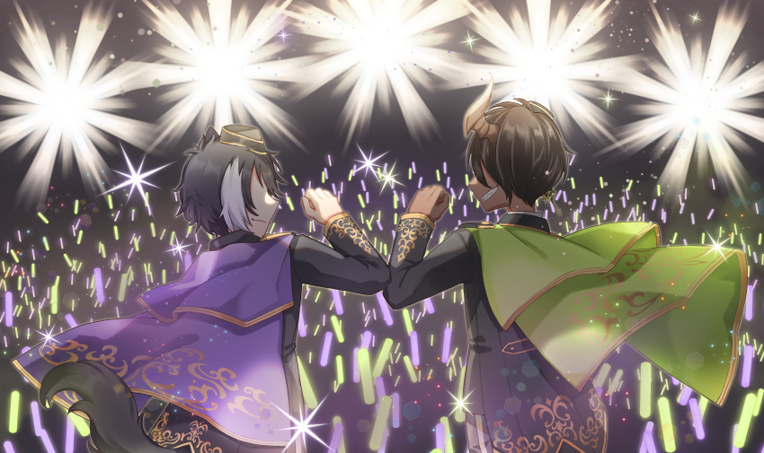 2boys, absurdres, animal_ears, aragami_oga, arm_bump, ayoiji, black_hair, black_headwear, black_jacket, cape, commentary, dark-skinned_male, dark_skin, earrings, english_commentary, faceless, faceless_male, from_behind, garrison_cap, glowstick, green_cape, grin, hat, highres, holostars, horns, jackal_boy, jackal_ears, jackal_tail, jacket, jewelry, kageyama_shien, looking_at_another, mafia_(holostars), male_focus, multicolored_hair, multiple_boys, official_alternate_costume, profile, purple_cape, sharp_teeth, short_hair, single_earring, single_horn, smile, sparkle, stage_lights, tail, teeth, two-tone_hair, upper_body, virtual_youtuber, white_hair