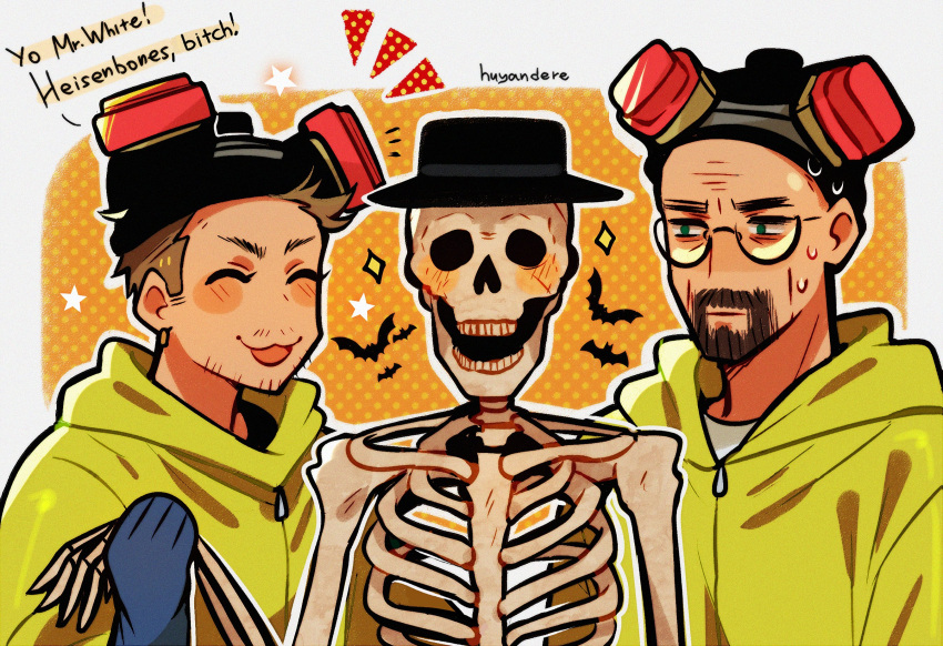 2boys, :3, ^_^, bat_(animal), breaking_bad, brown_facial_hair, closed_eyes, english_text