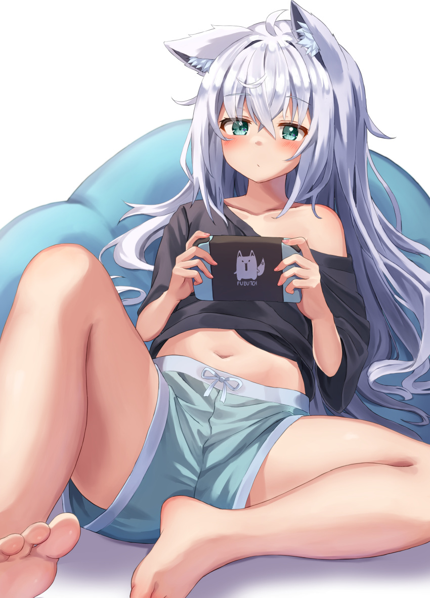 1girl, absurdres, animal_ears, aqua_eyes, bare_legs, barefoot, black_shirt, clothes_lift