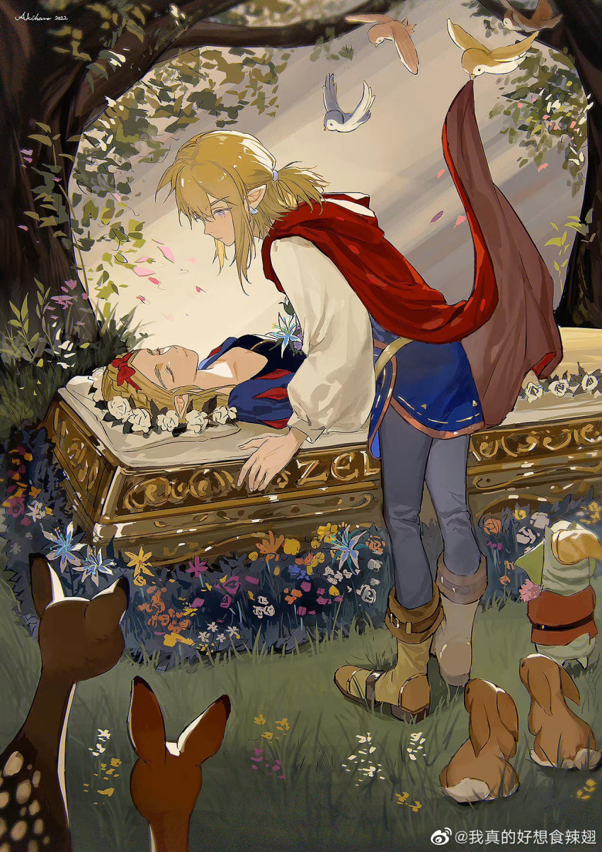 1boy, 1girl, akihare, animal, bangs, bird, black_pants, blonde_hair