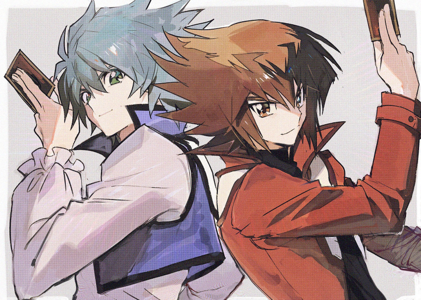 2boys, aoki_(fumomo), back-to-back, bangs, black_shirt, brown_eyes, card, duel_academy_uniform_(yu-gi-oh!_gx)