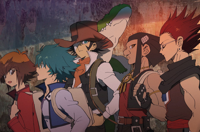 5boys, amon_garam, aoki_(fumomo), austin_o'brien, bandage_over_one_eye, bangs, black_hair, black_shirt, blue_eyes, brown_eyes, brown_hair, crocodilian, dark-skinned_male, dark_skin, duel_academy_uniform_(yu-gi-oh!_gx), from_side, glasses, green_hair, hair_between_eyes, hat, jacket, jim_crocodile_cook, johan_andersen, long_sleeves, male_focus, multicolored_hair, multiple_boys, red_jacket, shirt, short_hair, two-tone_hair, walking, yu-gi-oh!, yu-gi-oh!_gx, yuuki_juudai