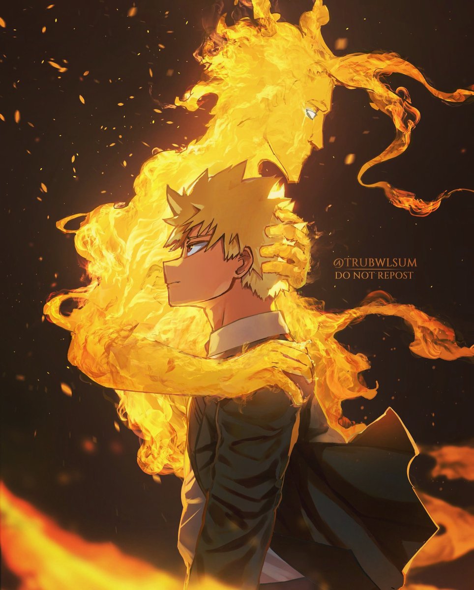 2boys, all_might, bakugou_katsuki, bangs, black_jacket, blonde_hair, boku_no_hero_academia, brown_background, closed_mouth, collared_shirt, fire, from_side, hand_on_another's_head, hand_on_another's_shoulder, highres, hug, jacket, long_hair, long_sleeves, male_focus, multiple_boys, open_clothes, open_jacket, shiny, shiny_hair, shirt, short_hair, spiky_hair, trubwlsum, upper_body, watermark, white_shirt, yagi_toshinori