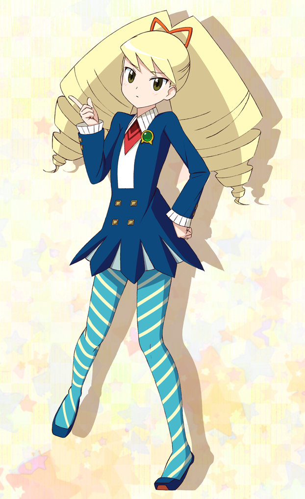1girl, big_hair, blonde_hair, blue_pantyhose, closed_mouth, drill_hair, full_body, kazuma_(theworld000021)