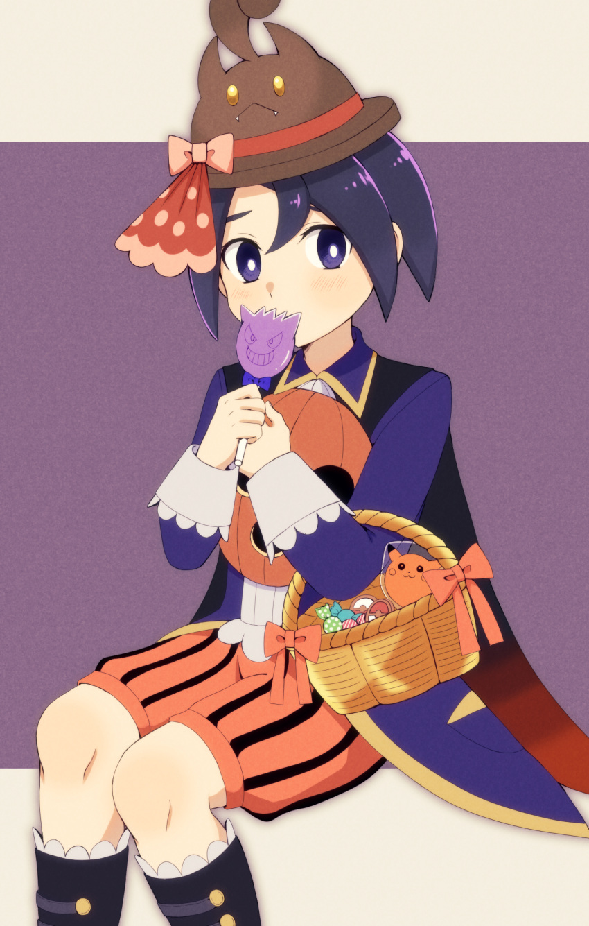 1boy, allister_(fall_2022)_(pokemon), allister_(pokemon), bangs, basket, black_eyes, black_footwear, black_hair