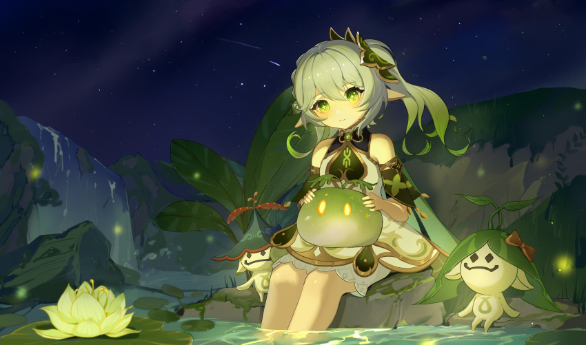 1girl, 3others, absurdres, bare_shoulders, character_request, closed_mouth, flower, genshin_impact