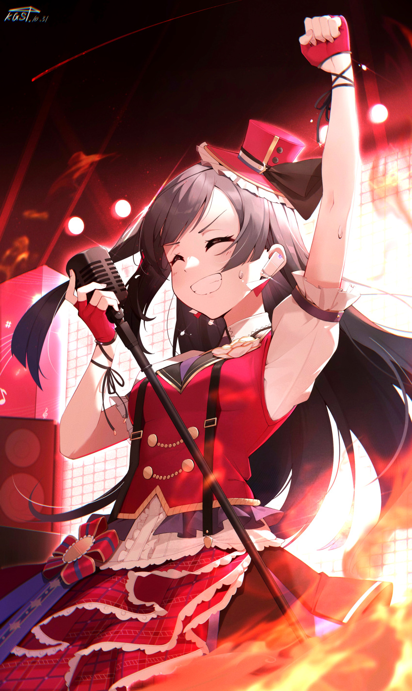 1girl, absurdres, arm_up, bangs, black_hair, breasts, chase!_(love_live!), closed_eyes, commentary, earrings, fingerless_gloves, fire, gloves, grin, highres, holding, holding_microphone, jewelry, kgs_(2806489002), kusunoki_tomori, long_hair, love_live!, love_live!_nijigasaki_high_school_idol_club, medium_breasts, microphone, microphone_stand, one_side_up, red_gloves, sidelocks, signature, smile, solo, stage, sweat, upper_body, voice_actor_connection, yuuki_setsuna_(love_live!)