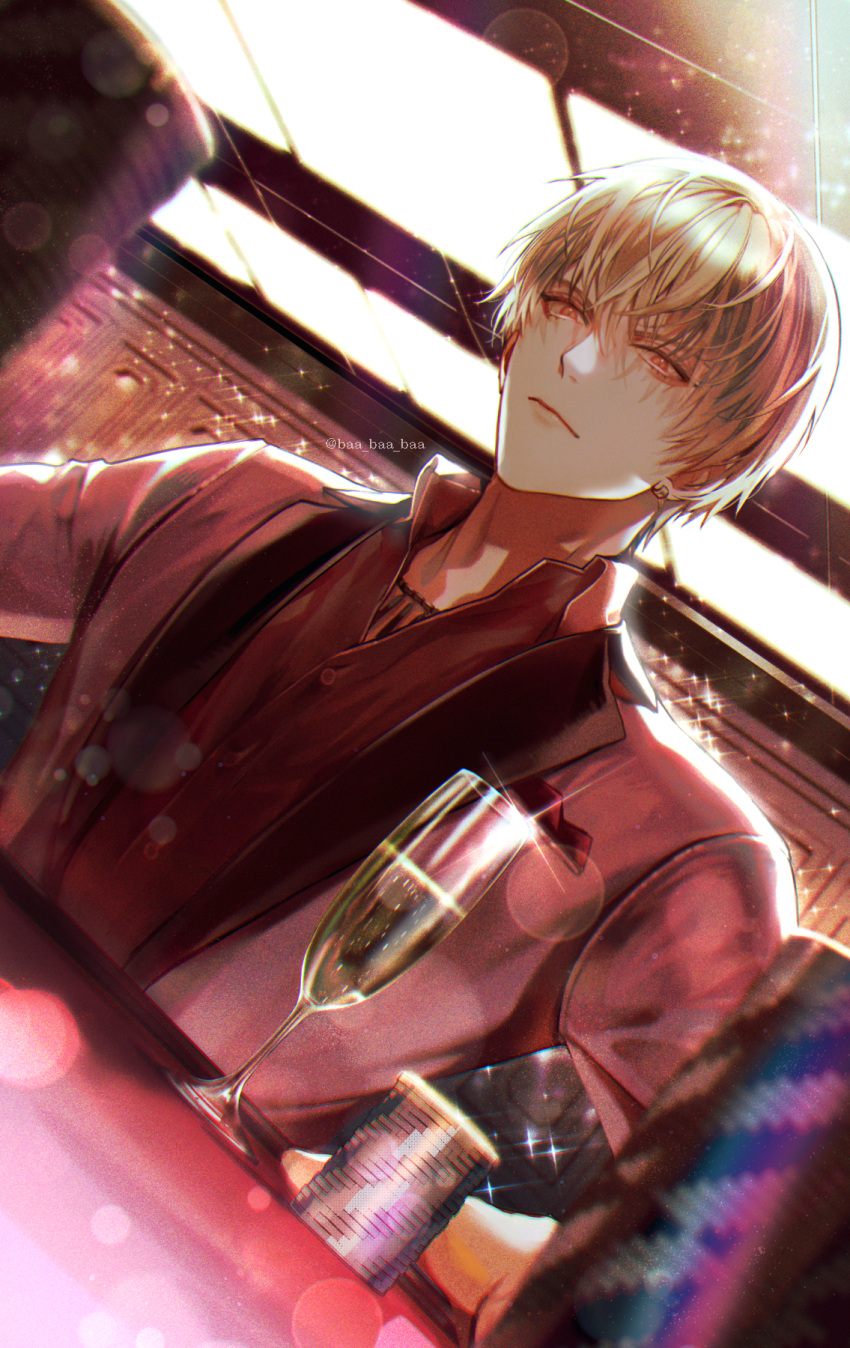 1boy, alternate_costume, bangs, blonde_hair, casino, champagne_flute, closed_mouth, collared_shirt