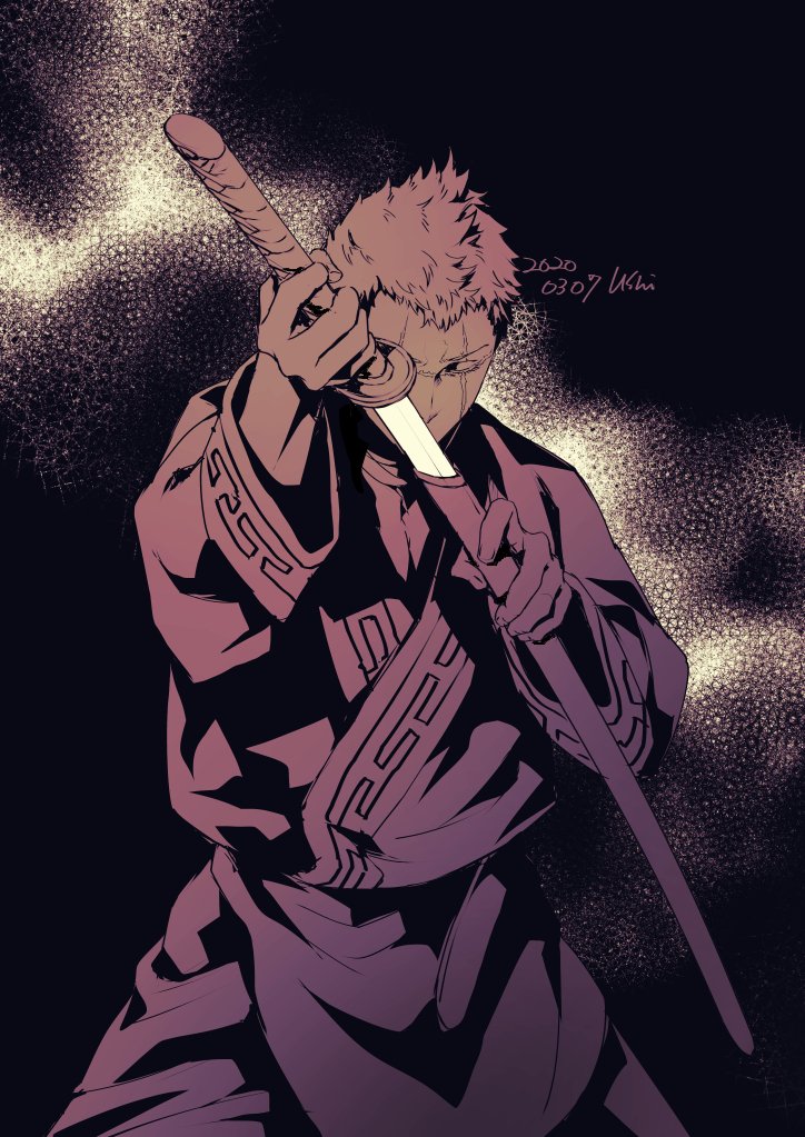 1boy, blind, closed_eyes, dark_background, holding, holding_sword, holding_weapon, jigokuraku