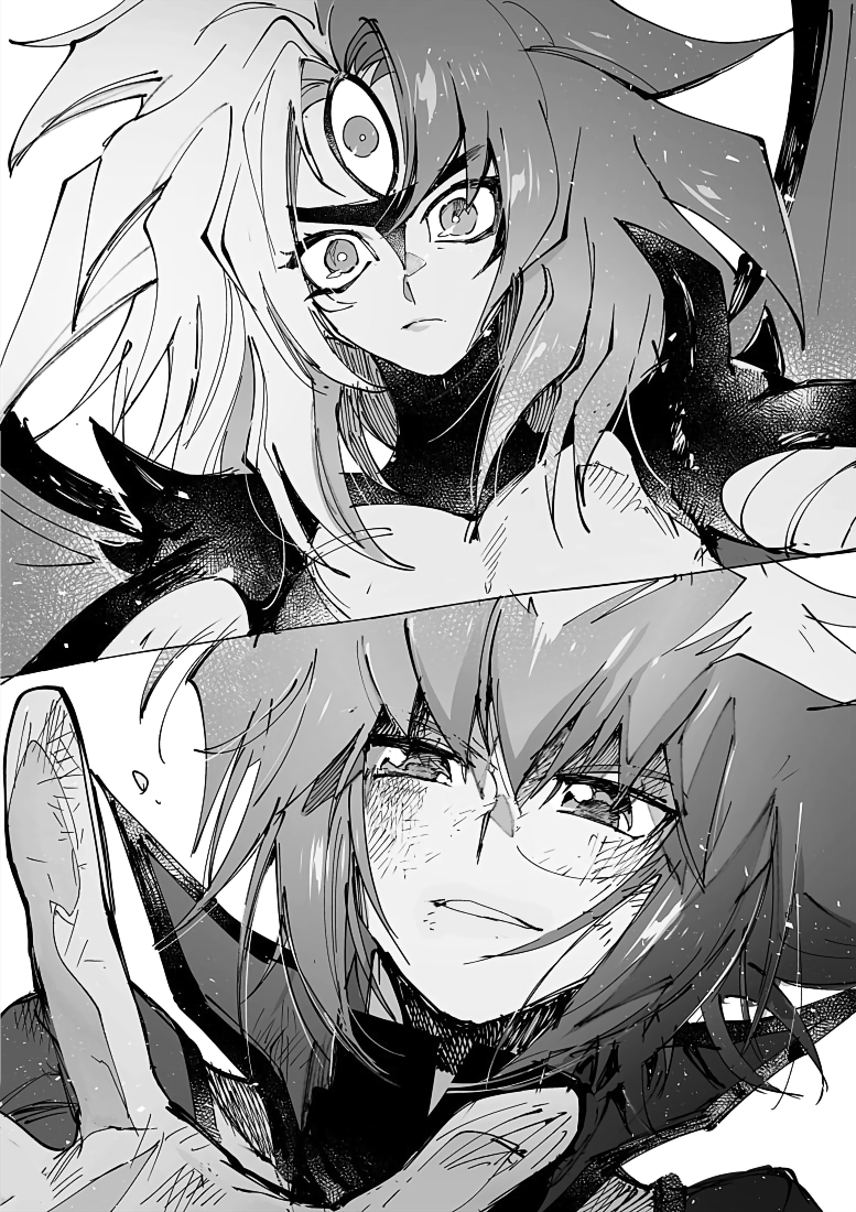 1boy, 1other, acket, aoki_(fumomo), bangs, brown_eyes, bruise, duel_academy_uniform_(yu-gi-oh!_gx), greyscale, hair_between_eyes, injury, long_hair, long_sleeves, monochrome, multicolored_hair, outstretched_hand, reaching_out, short_hair, surprised, third_eye, two-tone_hair, wide-eyed, yu-gi-oh!, yu-gi-oh!_gx, yubel, yuuki_juudai