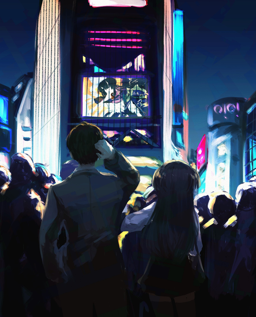 1boy, 1girl, 6+others, absurdres, bag, black_hair, display_board, extra