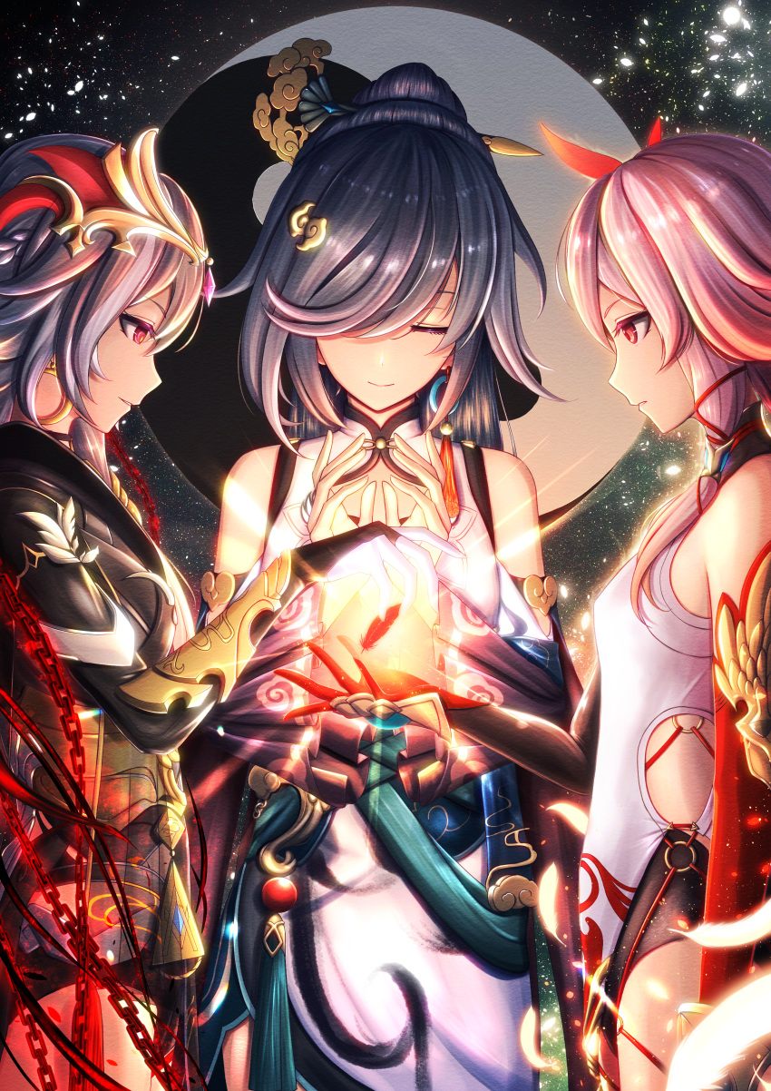3girls, absurdres, asymmetrical_gloves, bangs, bare_shoulders, black_gloves, black_hair, china_dress