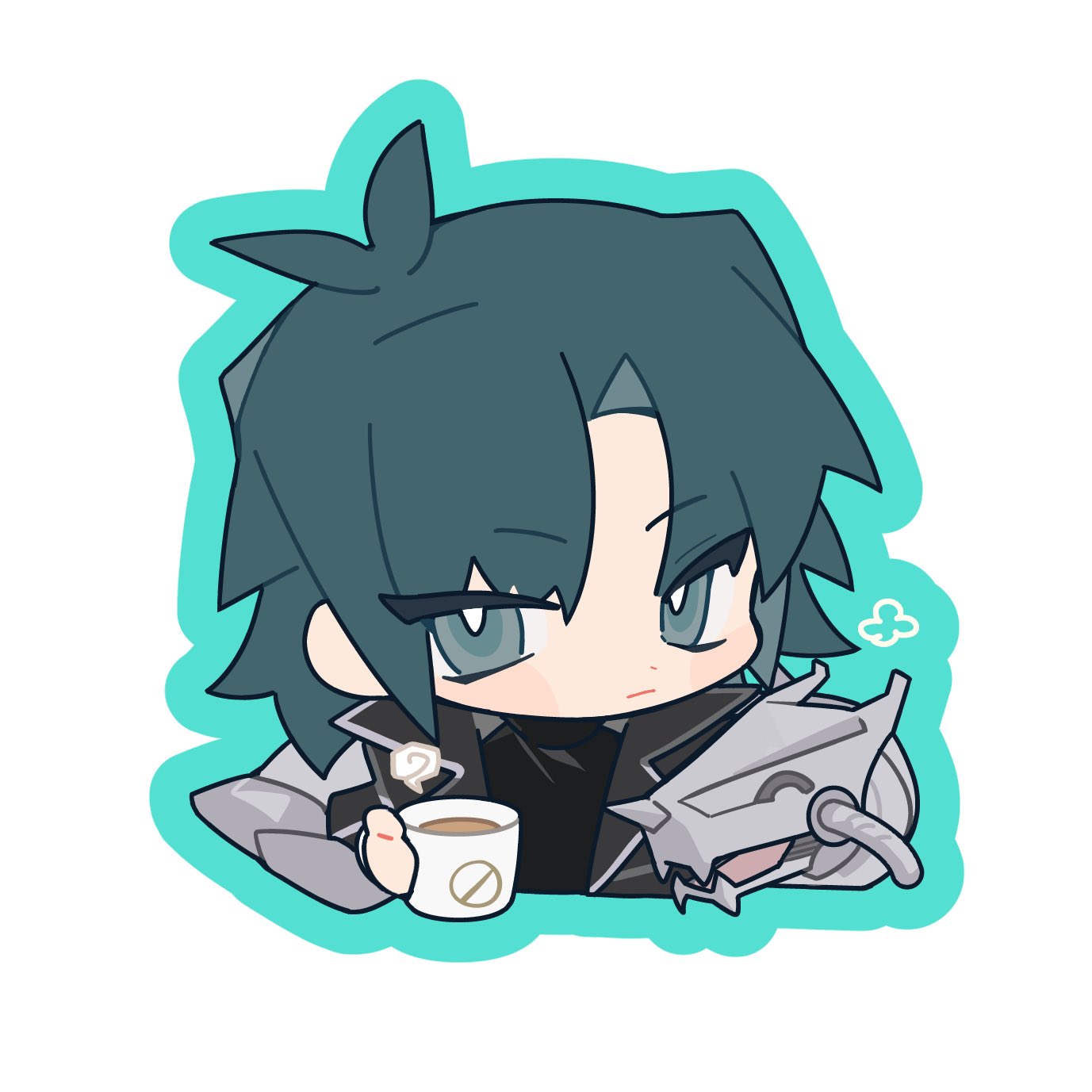 1boy, ^_^, bangs, black_coat, blue_hair, blush, chibi, closed_eyes