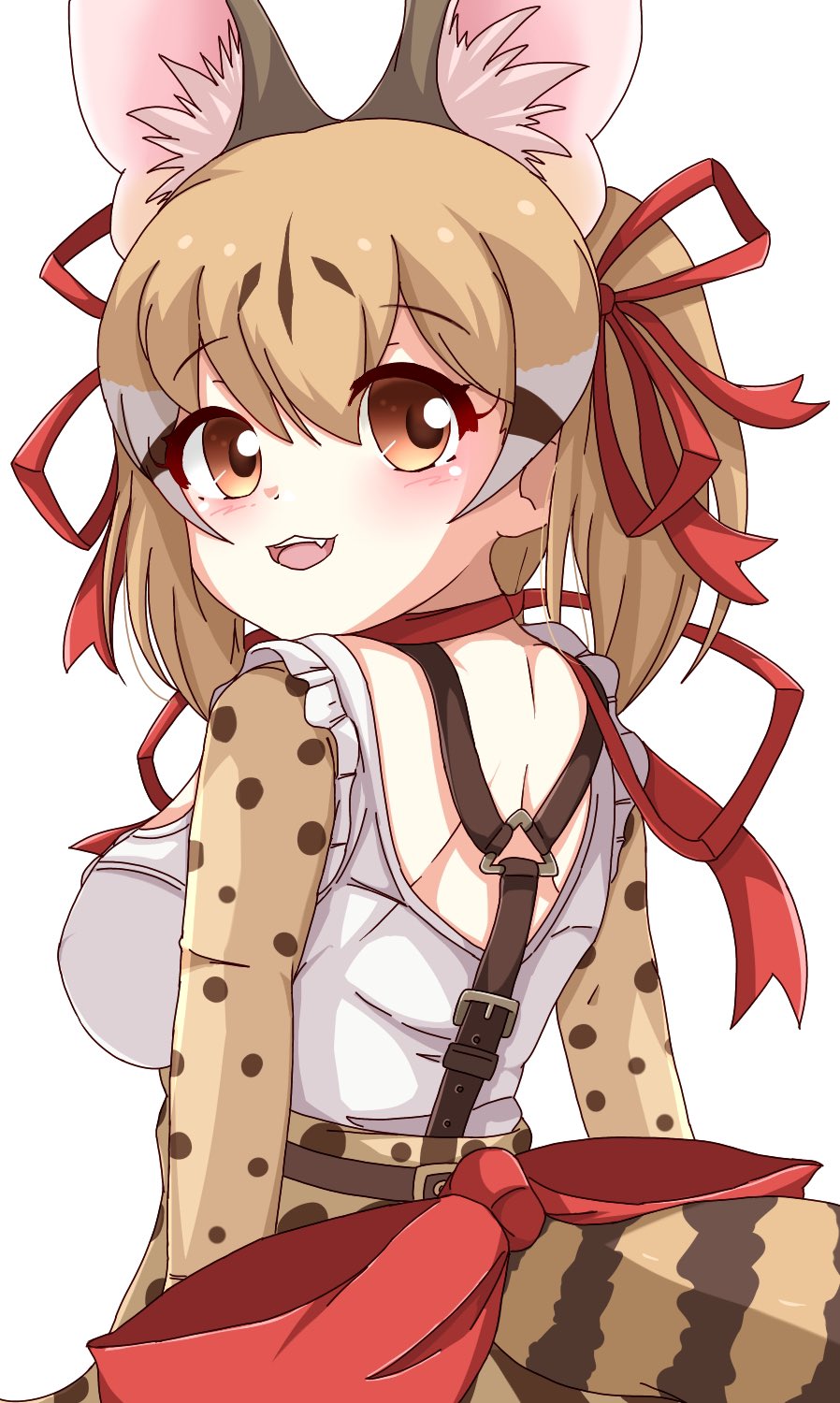 1girl, animal_costume, animal_ear_fluff, animal_ears, back, breasts, brown_hair, cat_ears, cat_girl, cat_tail, extra_ears, hata_(user_ehfr2334), highres, kemono_friends, kemono_friends_v_project, large-spotted_genet_(kemono_friends), large_breasts, long_hair, looking_at_viewer, multicolored_hair, open_mouth, ribbon, shirt, simple_background, skirt, smile, solo, suspenders, tail, twintails, virtual_youtuber