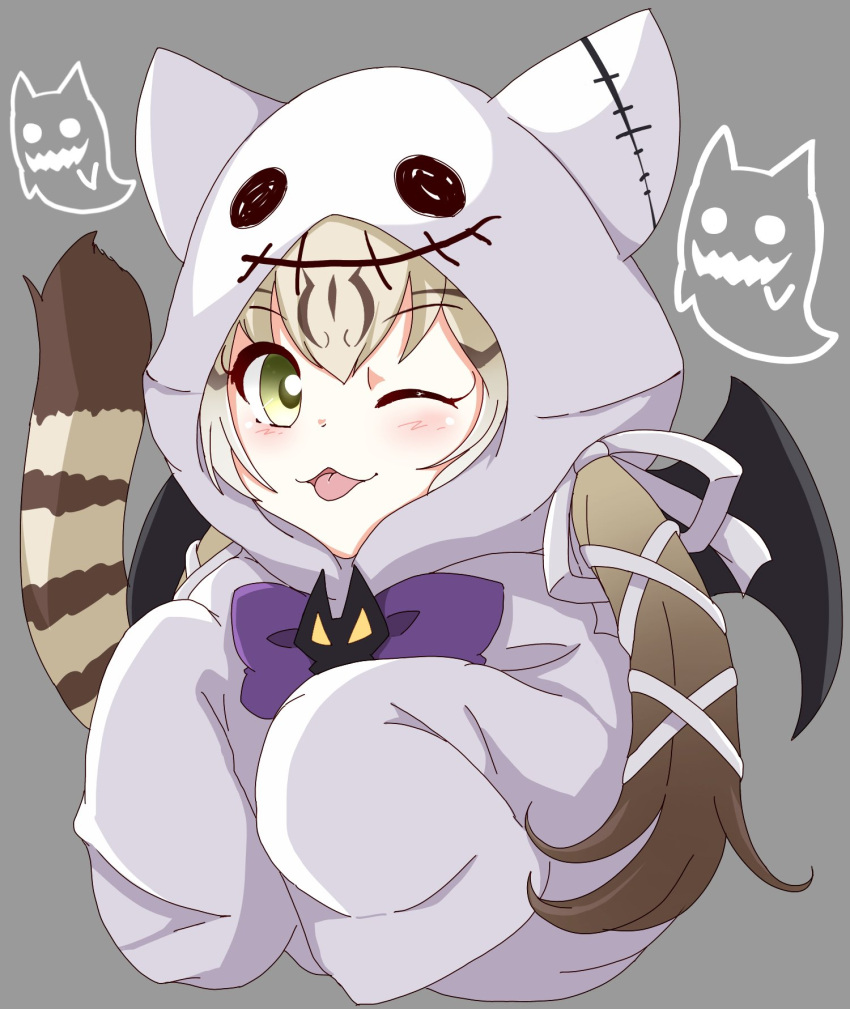 1girl, :p, alternate_costume, animal_ears, blonde_hair, blush, bow, bowtie, brown_hair, cat_ears, cat_girl, geoffroy's_cat_(kemono_friends), ghost_costume, green_eyes, hair_bow, halloween, halloween_costume, hata_(user_ehfr2334), highres, kemono_friends, kemono_friends_v_project, multicolored_hair, one_eye_closed, purple_bow, purple_bowtie, short_hair, solo, tongue, tongue_out, twintails, virtual_youtuber, white_bow