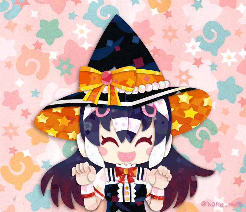 1girl, african_penguin_(kemono_friends), animal_costume, black_hair, bow, bowtie, dress, gloves, halloween, halloween_costume, hat, headphones, kemono_friends, kemono_friends_v_project, kikuchi_milo, long_hair, looking_at_viewer, multicolored_hair, open_mouth, penguin_costume, penguin_girl, pink_hair, ribbon, smile, solo, virtual_youtuber