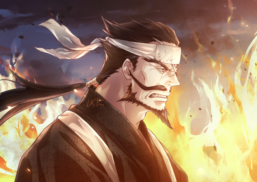 1boy, angry, beard, black_hair, black_robe, burning, clenched_teeth, eyepatch