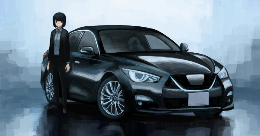1girl, apollos_ars, black_eyes, black_footwear, black_hair, black_jacket, black_pants, car