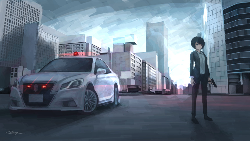 1girl, apollos_ars, black_eyes, black_footwear, black_hair, black_jacket, black_pants, building
