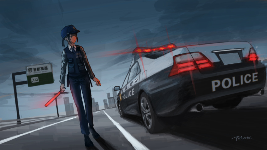 1girl, apollos_ars, baseball_cap, black_eyes, black_hair, blue_headwear, blue_pants, blue_vest