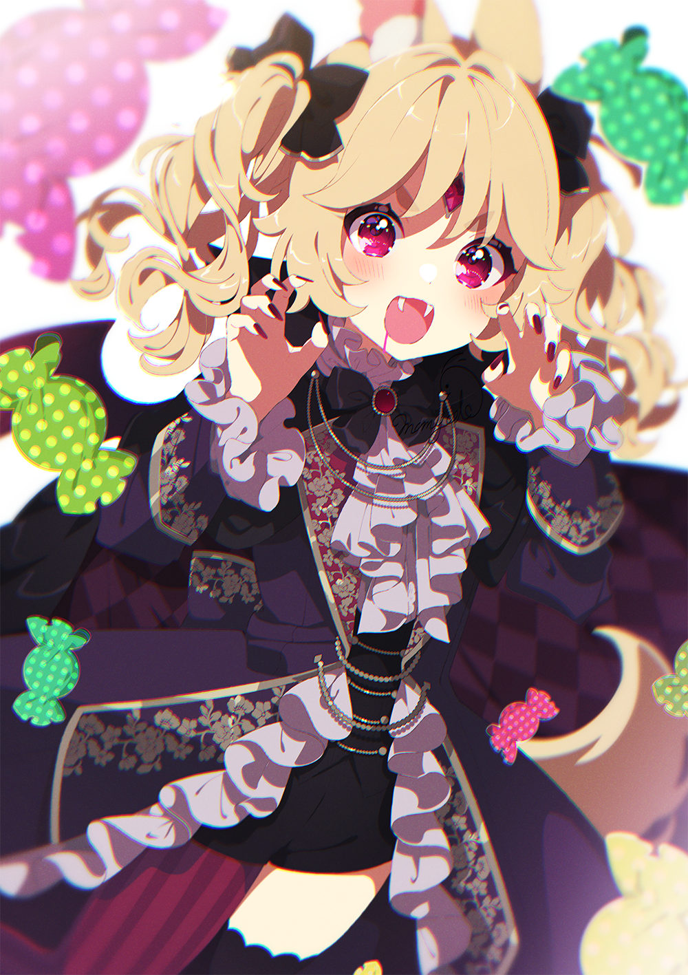 1girl, :d, aldin_nicola, animal_ear_fluff, animal_ears, bangs, black_bow, black_coat