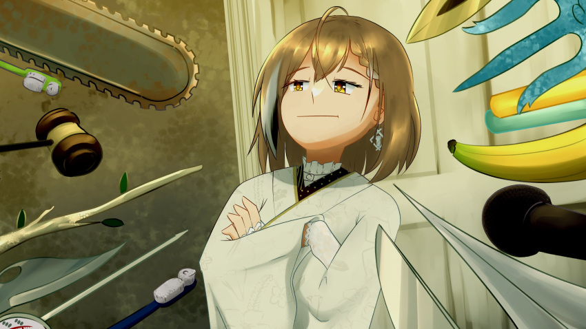 1girl, ahoge, banana, branch, brown_hair, chainsaw, crossed_arms, door