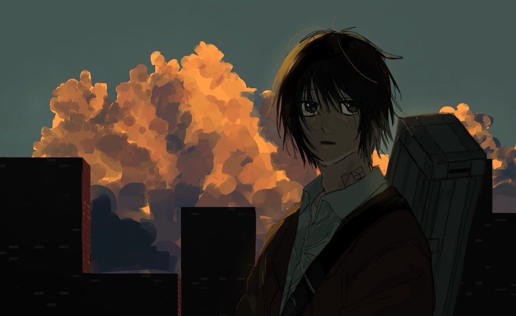 1boy, asagi_(0w0), black_hair, blue_sky, building, clouds, looking_at_viewer, male_focus, nagumo_(sakamoto_days), neck_tattoo, outdoors, sakamoto_days, short_hair, sky, solo, tattoo, upper_body