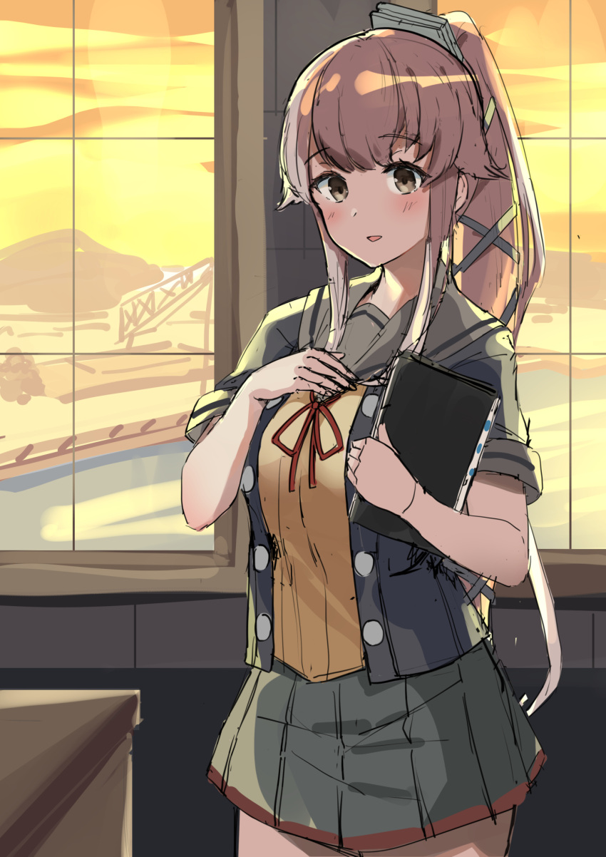 black_jacket, brown_eyes, brown_hair, cowboy_shot, grey_sailor_collar, grey_skirt, hair_flaps, hair_ribbon
