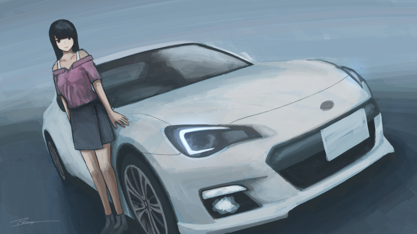 1girl, apollos_ars, bangs, black_eyes, black_hair, black_skirt, car, closed_mouth