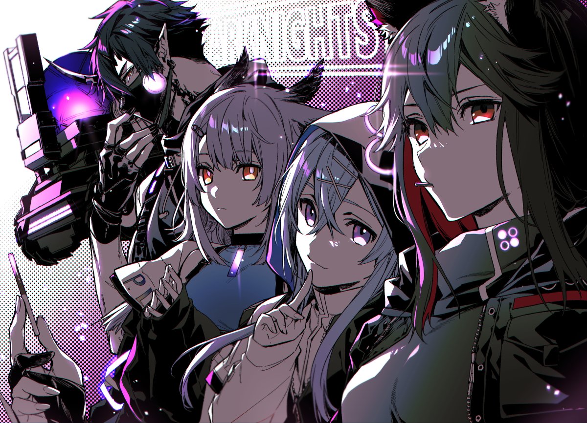 2boys, 2girls, ambience_synesthesia, animal_ear_fluff, animal_ears, arknights, bangs, bare_arms