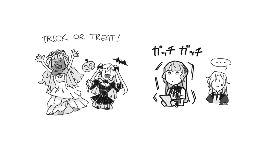 ..., 2girls, arms_up, brooklyn_(kancolle), dress, greyscale, halloween_costume, hornet_(kancolle)