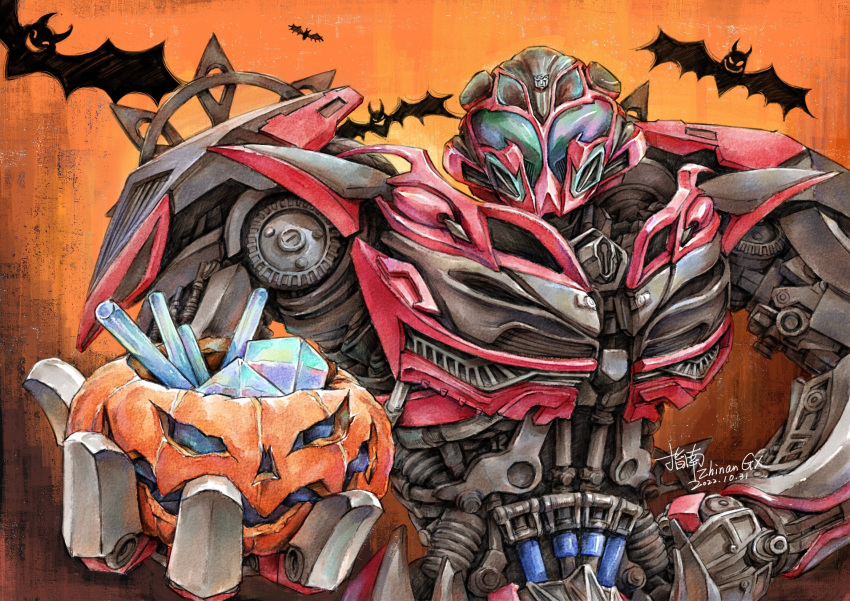 1boy, alien, alternate_costume, animal_print, autobot, bat_print, bucket, bumblebee_(film), bumblebee_(transformers), candy, commentary, english_commentary, food, halloween, halloween_bucket, highres, holding, incoming_food, incoming_gift, jack-o'-lantern, looking_at_viewer, mecha, no_humans, pumpkin, robot, science_fiction, transformers, transformers_(live_action), xiangbei_zhinan