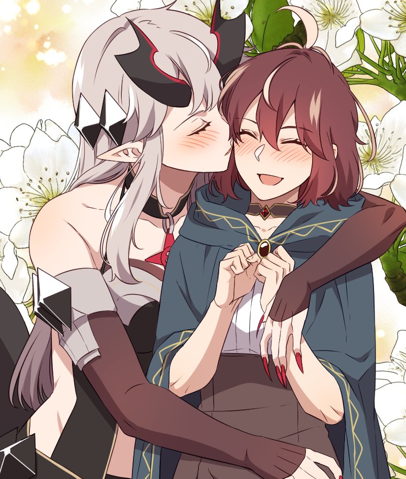 blush, horns, hug, kiss, malori_crowett, purple_dress, redhead, smile