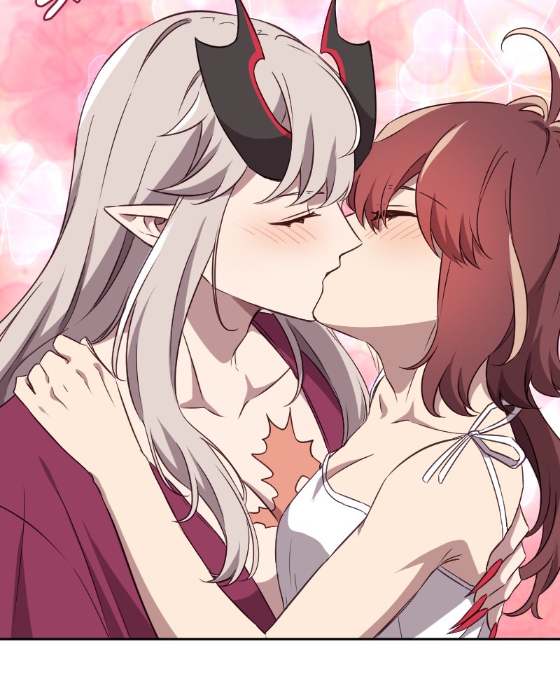 blush, closed_eyes, holding, horns, kimono, kiss, malori_crowett, redhead