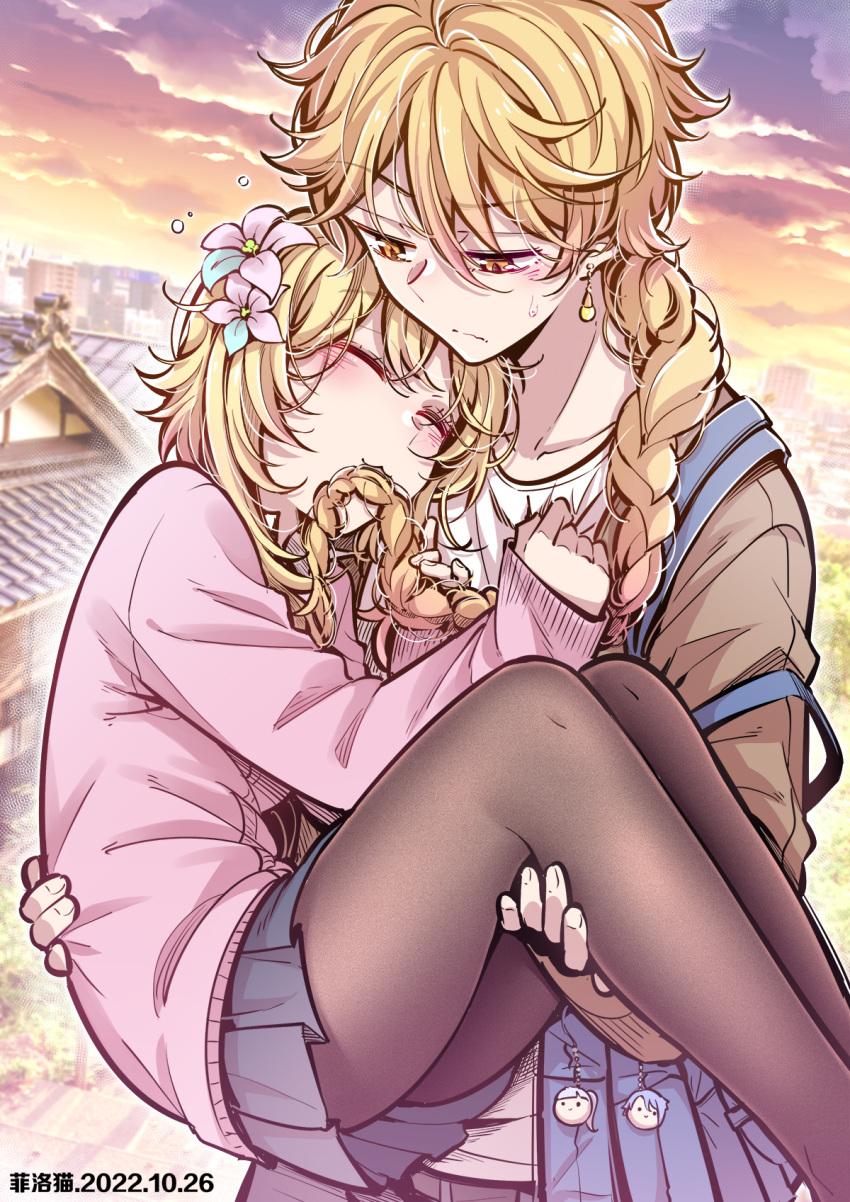 1boy, 4girls, aether_(genshin_impact), architecture, black_pantyhose, blonde_hair, braid, braided_ponytail