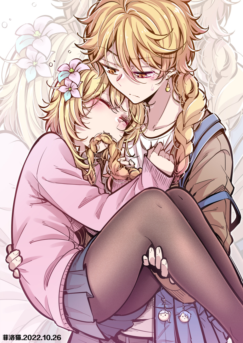 1boy, 4girls, aether_(genshin_impact), black_pantyhose, blonde_hair, braid, braided_ponytail, brother_and_sister