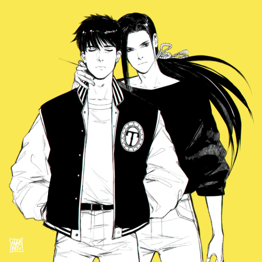2boys, absurdres, arm_at_side, artist_name, banana_fish, baoshankaro, belt, black_hair, black_shirt, closed_eyes, facing_viewer, hands_in_pockets, highres, jacket, lee_yue-lung, long_hair, long_sleeves, looking_at_viewer, male_focus, multiple_boys, needle, okumura_eiji, pants, rope, shirt, simple_background, standing, very_long_hair, white_shirt, yellow_background