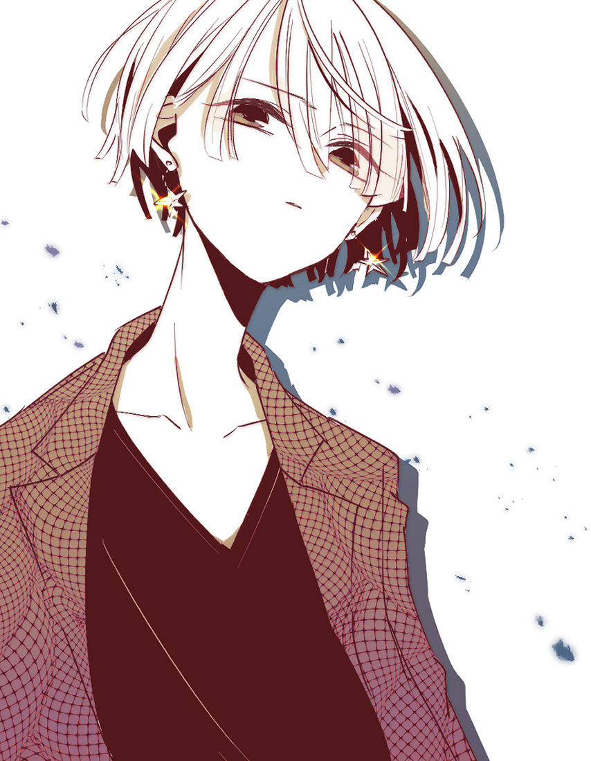 1boy, black_shirt, brown_jacket, character_request, check_character, collarbone, earrings, hair_between_eyes