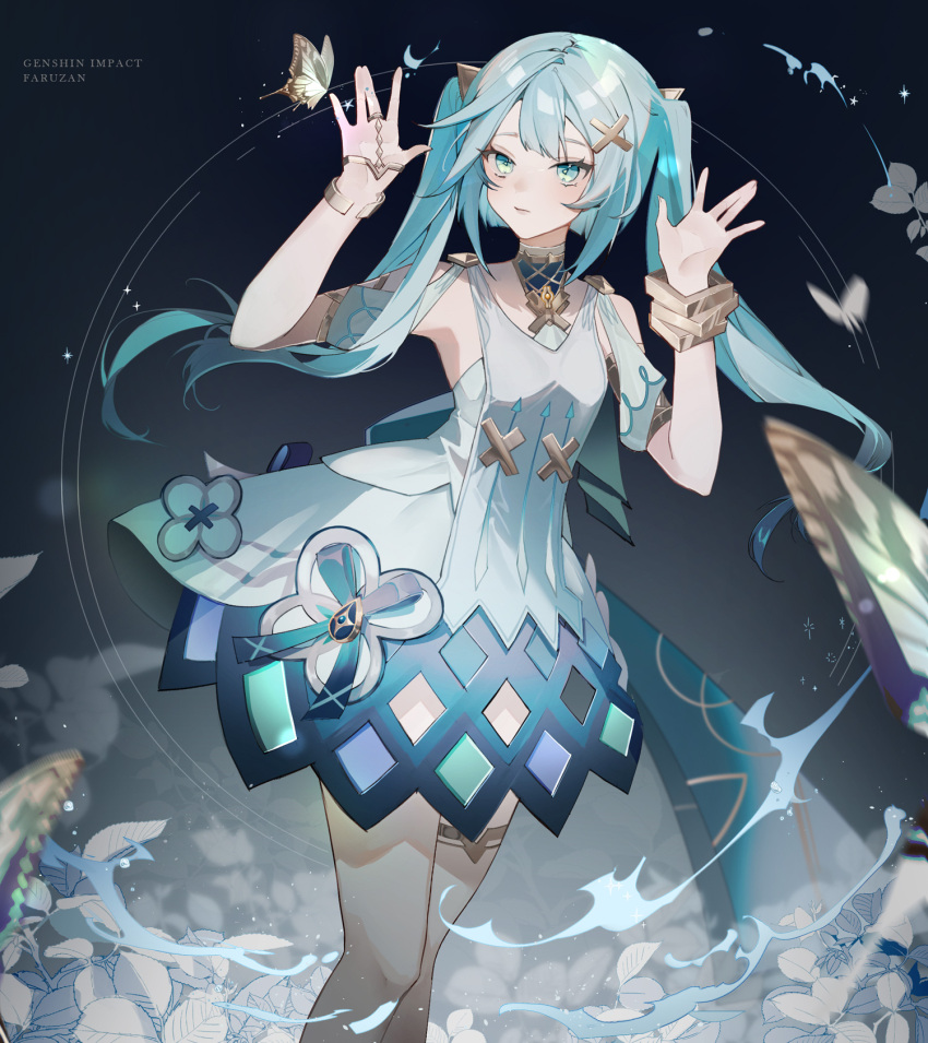 1girl, armlet, artue, blue_eyes, blue_hair, blue_ribbon, bracelet, bug