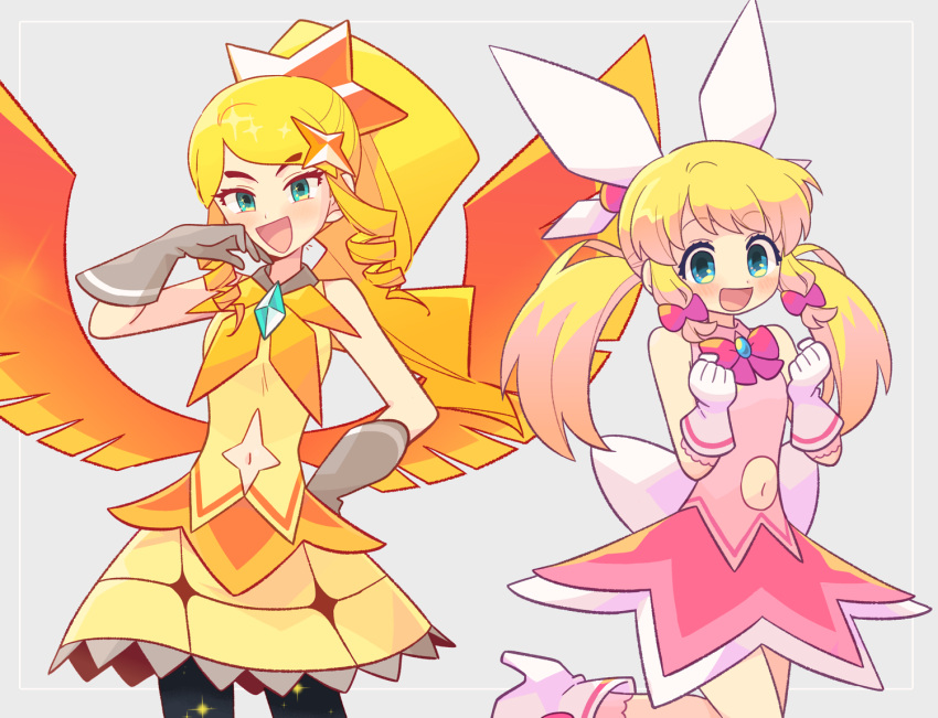 2girls, aqua_eyes, azuchimomoyama_kurumi, blonde_hair, blue_eyes, bow, character_request, clothing_cutout