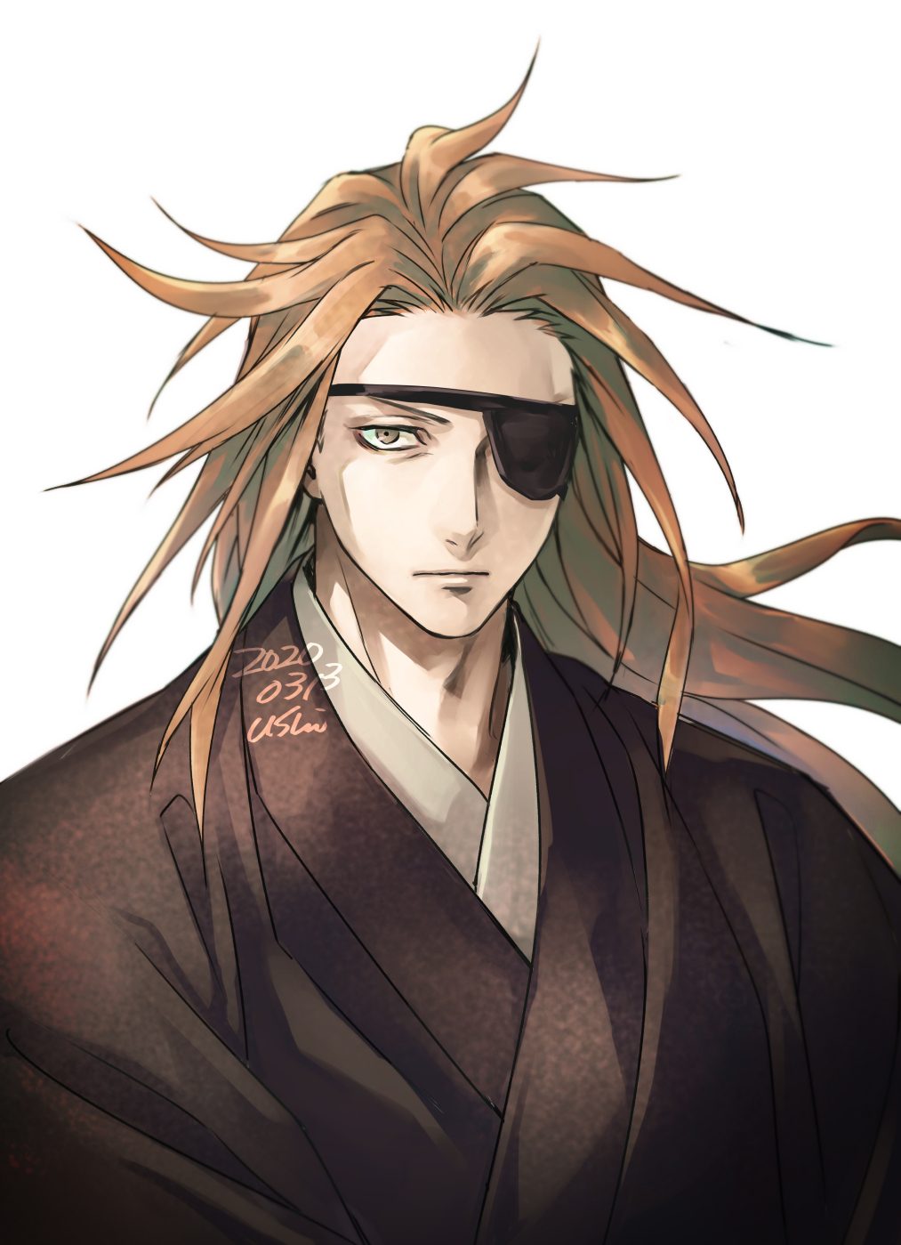 1boy, blank_stare, brown_hair, brown_robe, eyepatch, highres, jigokuraku, long_hair