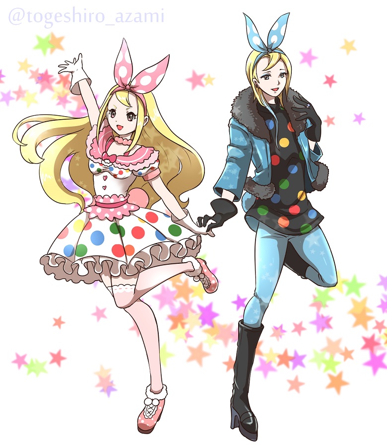 2girls, :d, animal_crossing, arm_up, bead_necklace, beads, black_dress, black_eyes