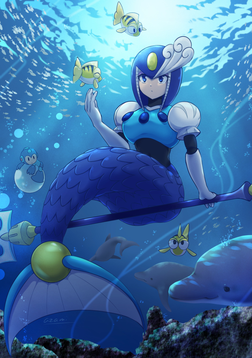 1boy, 1girl, :<, air_bubble, android, animal, artist_name, blue_eyes