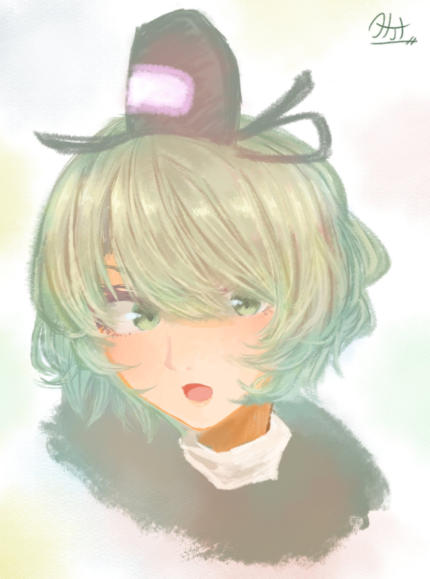 1girl, bangs, cropped_shoulders, green_eyes, green_hair, hair_over_one_eye, hat, highres