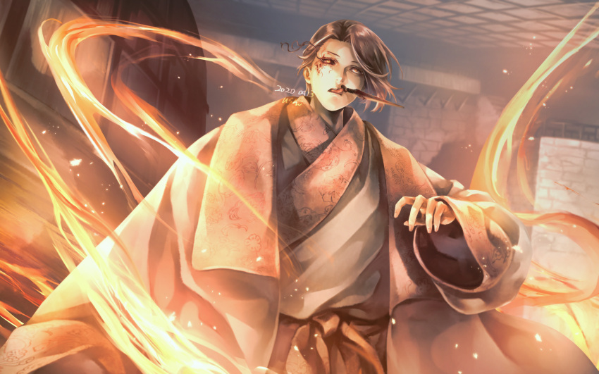 1girl, arborification, black_sclera, colored_sclera, fire, hakama, han'eri, haori