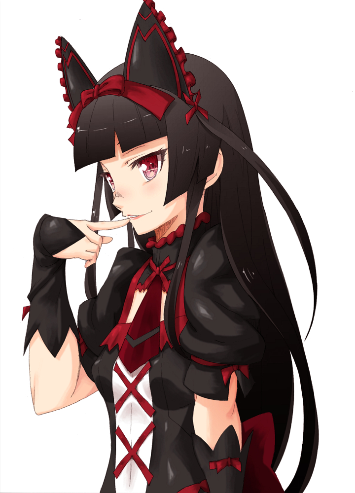 1girl, animal_ears, bangs, black_hair, blunt_bangs, bow, breasts, bridal_gauntlets